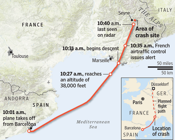 german plane crash  100 feet map